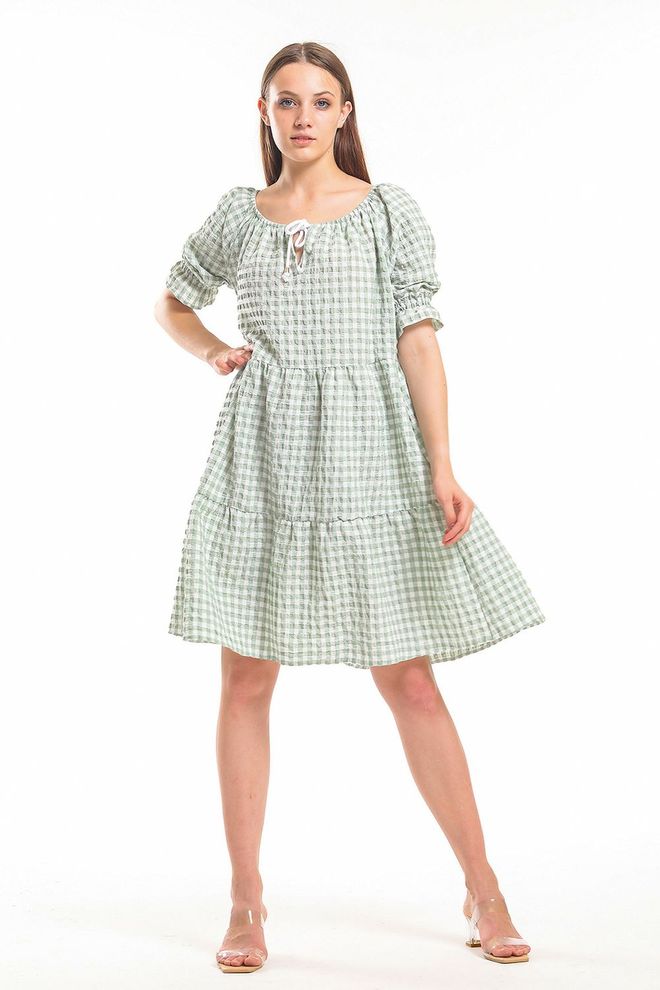 SENSE Abito in seersucker con colletto raglan arricciato e cordoncino verde Abbigliamento all'ingrosso Casuale