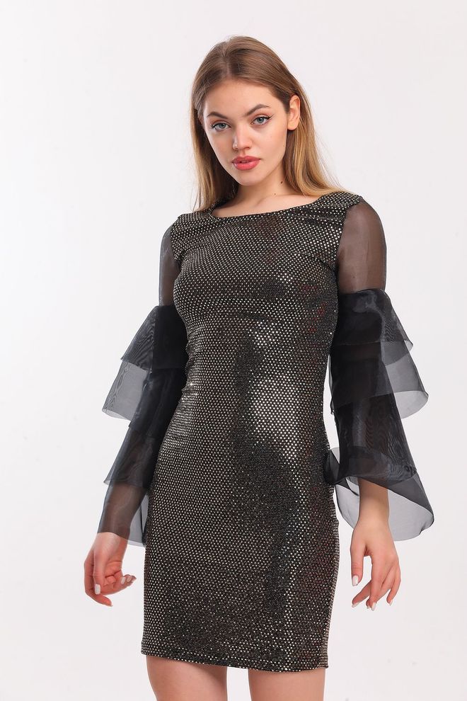 SENSE Gold Sleeves Organza Buzy Sequin Evening Dress Wholesale Clothing Spring