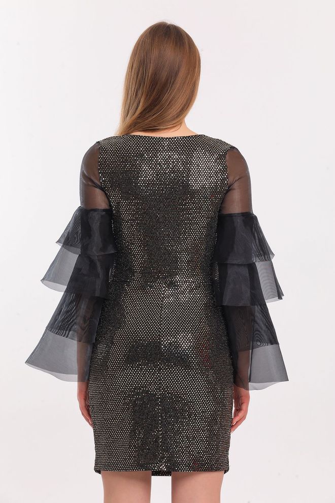 SENSE Gold Sleeves Organza Buzy Sequin Evening Dress Wholesale Clothing Glam