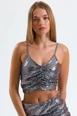 A wholesale clothing model wears sns10254-silver-separated-zippered-sequin-bustiyer_bus32289, Turkish wholesale  of 
