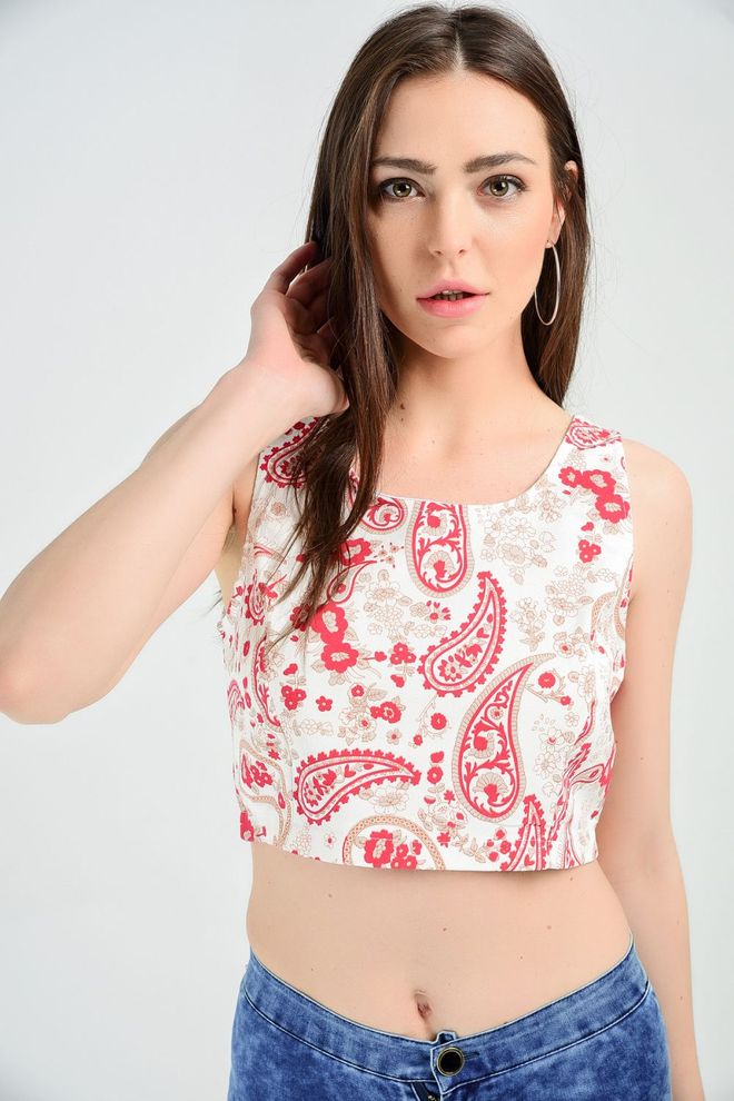 SENSE Bustier Bluse Mit Rotem Blumenmuster Ärmellos Pool Ausschnitt Hinten Und Reißverschluss Großhandelskleidung Viskose