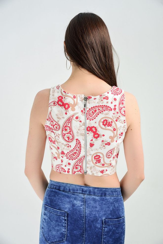 SENSE Bustier Bluse Mit Rotem Blumenmuster Ärmellos Pool Ausschnitt Hinten Und Reißverschluss Großhandelskleidung Geburtstag