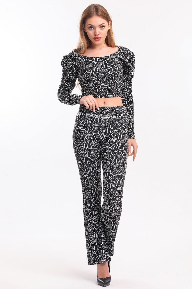 SENSE Παντελόνι Από Υφασμα Μαύρο εκρού Flare Leg Jacquard Χονδρικό εμπόριο ενδυμάτων Casual