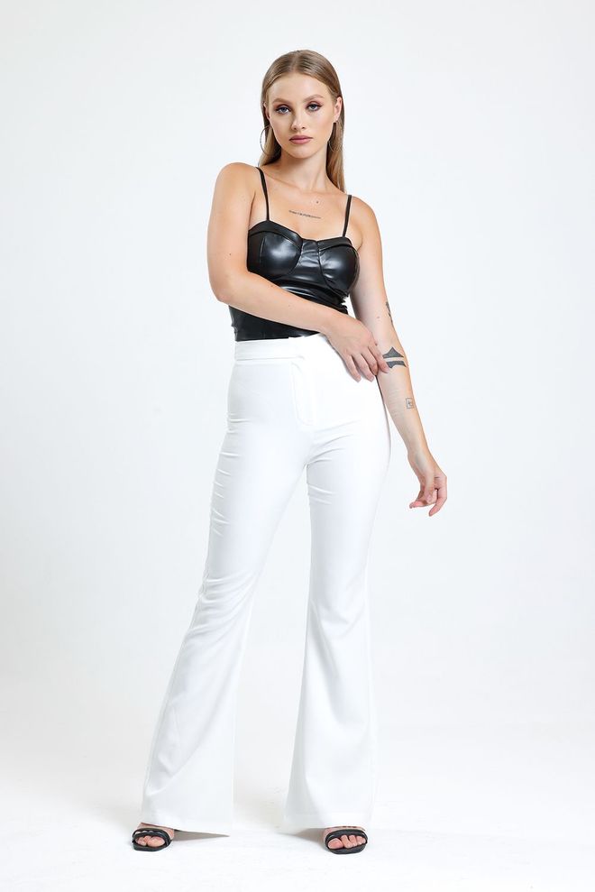 SENSE Ecru Flared Zippered Pocket Hürrem Trousers Wholesale Clothing Work