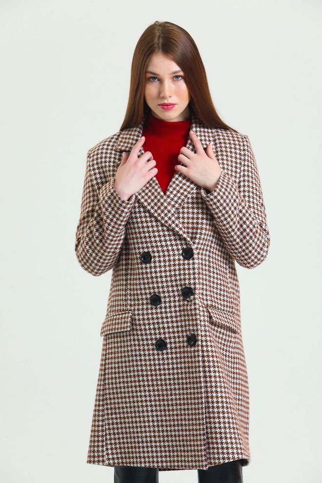 SENSE Black Brown Houndstooth 6 Button Lined Cashew Coat Wholesale Clothing Modest