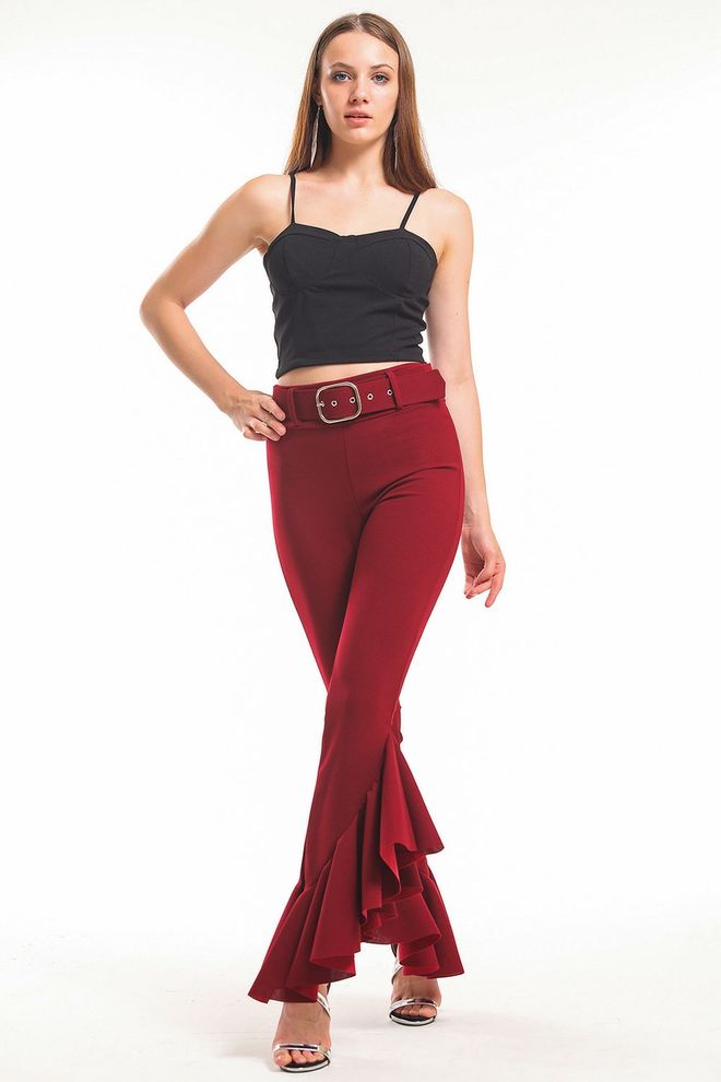 SENSE Bordo Spalvos Pique Plieno Kelnės Su Diržu Didmeninė prekyba drabužiais Proginis