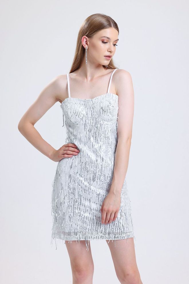 SENSE Silver Sequin Evening Dress Wholesale Clothing Polyester