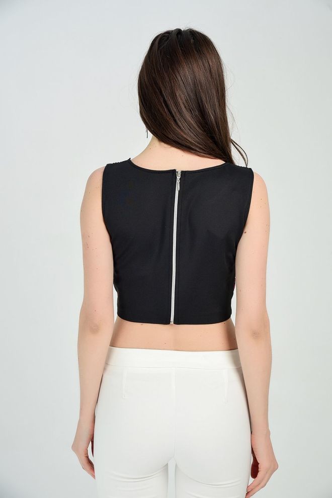 SENSE Front Mesh Back Zipper Sequin Short Blouse Wholesale Clothing Polyester