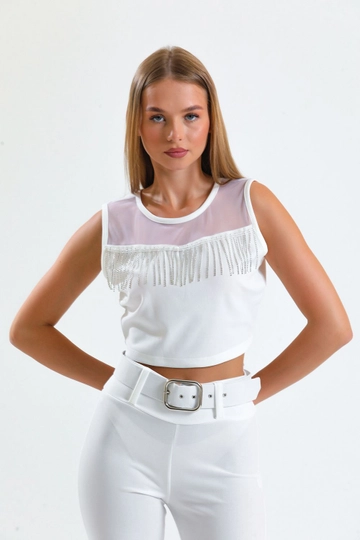 A wholesale clothing model wears  White Stone Detailed Evening Blouse
, Turkish wholesale Blouse of SENSE