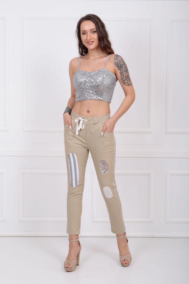 SENSE Smėlio Spalvos Suvarstomos Šoninės Blizgučiais Ir Sulopytos Kelnės Pnt32061 Didmeninė prekyba drabužiais Kokteilinė