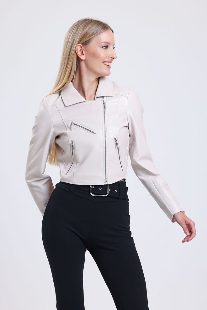 SENSE Powder Zipper Detailed Faux Leather Biker Jacket Wholesale Clothing Polyester