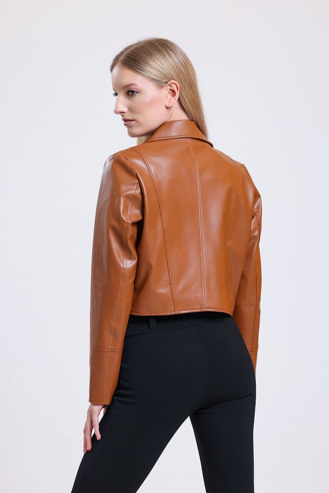 SENSE Tan Zipper Detailed Faux Leather Biker Jacket Wholesale Clothing 4