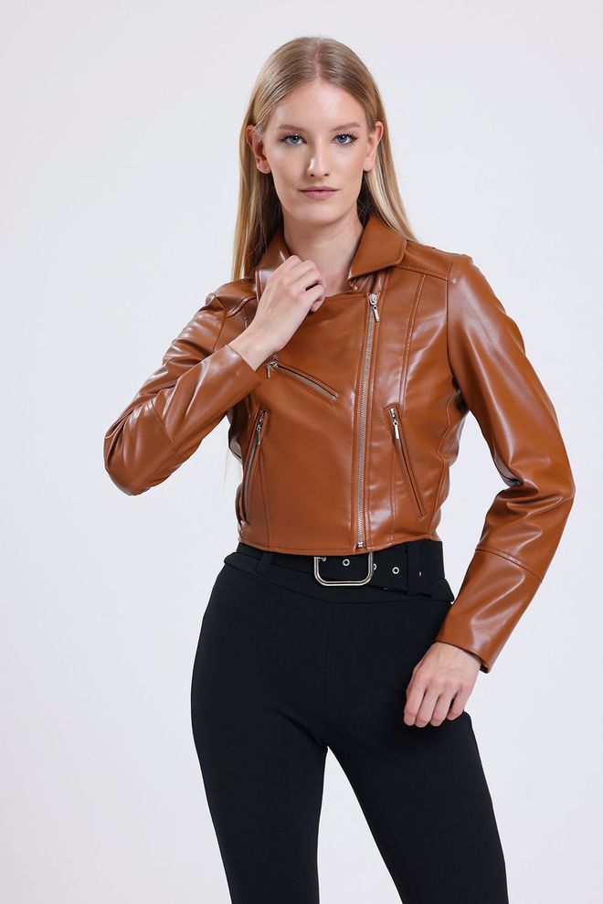 SENSE Tan Zipper Detailed Faux Leather Biker Jacket Wholesale Clothing Polyester