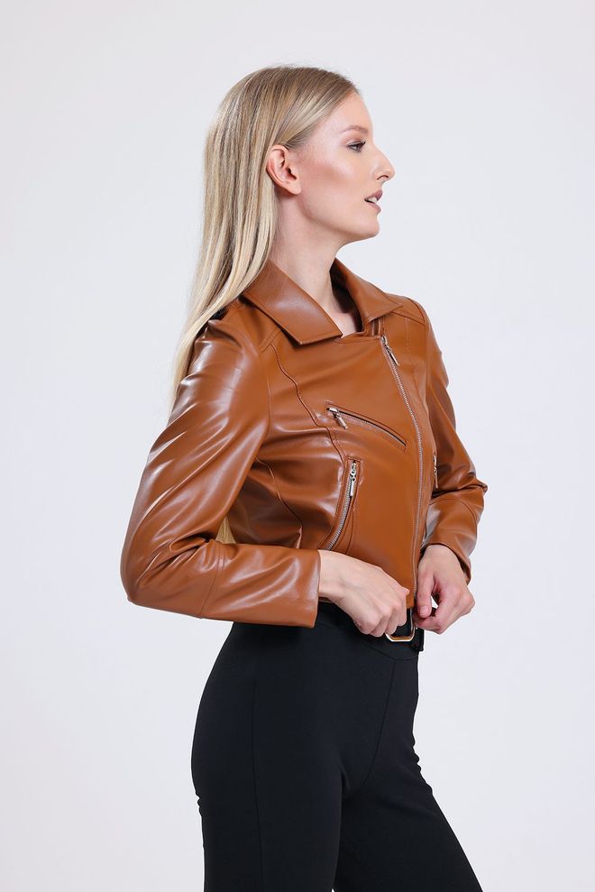 SENSE Tan Zipper Detailed Faux Leather Biker Jacket Wholesale Clothing 2