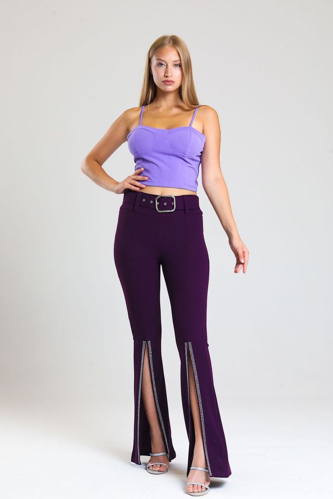 SENSE Purple Waist Belted Scuba Crepe Evening Dress Trousers With Stones Wholesale Clothing Summer