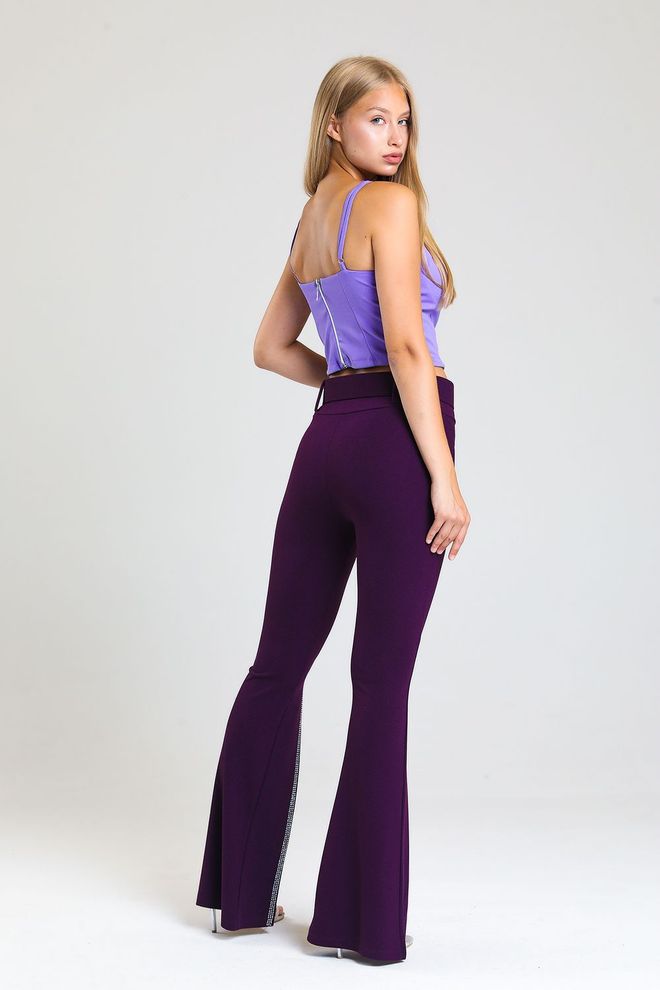 SENSE Purple Waist Belted Scuba Crepe Evening Dress Trousers With Stones Wholesale Clothing 4