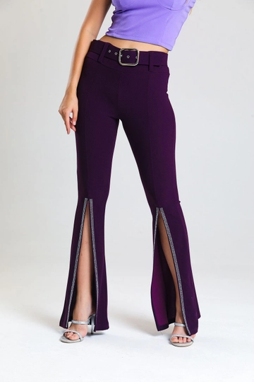 A wholesale clothing model wears  Purple Waist Belted Scuba Crepe Evening Dress Trousers With Stones
, Turkish wholesale Pants of SENSE
