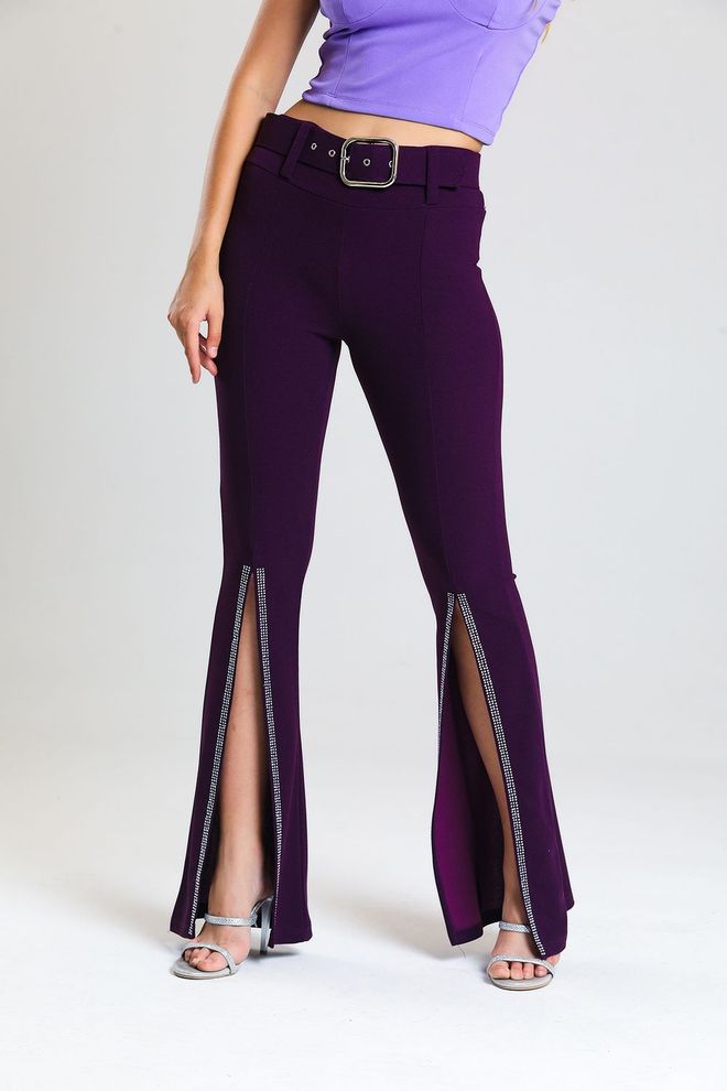 SENSE Calça vestido de noite em crepe mergulhador com cintura roxa e pedras Roupas por atacado Elegante