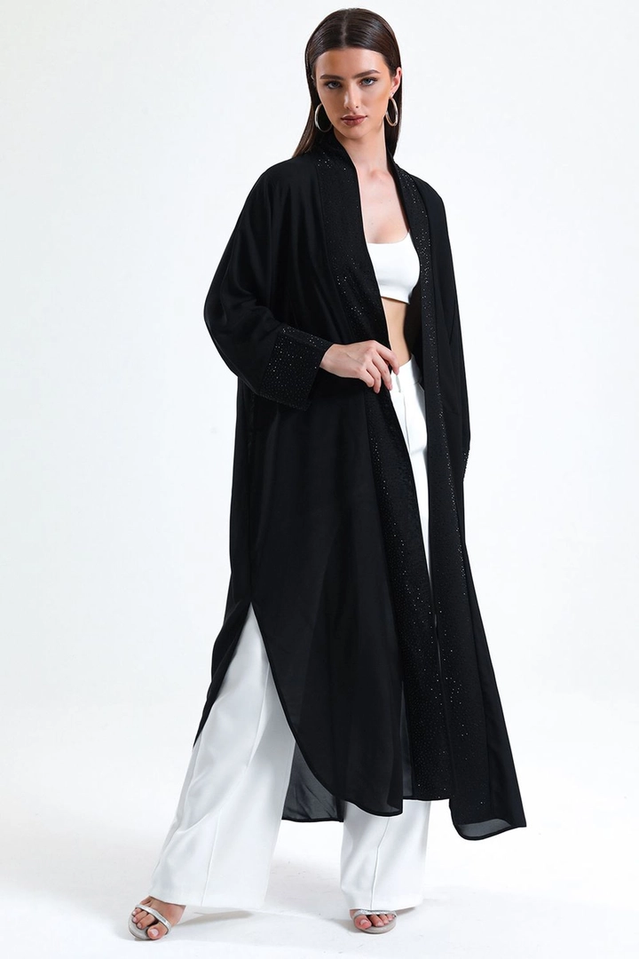 A wholesale clothing model wears sns10236-black-evening-dress-kimono-with-stone-detail-on-the-front, Turkish wholesale Dress of SENSE