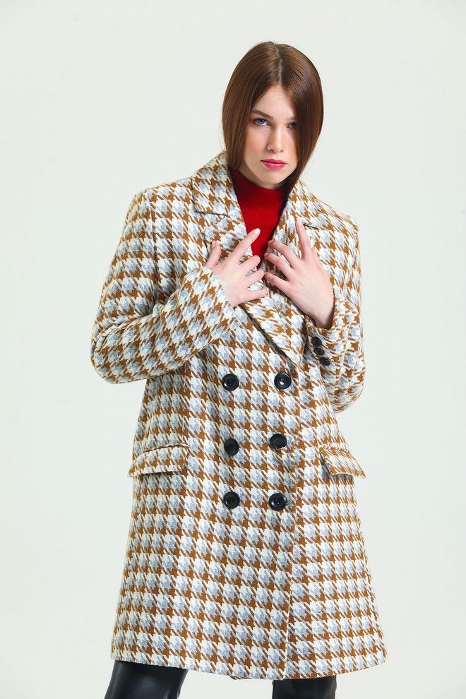 SENSE Gray Brown Houndstooth 6 Button Lined Cachet Coat Wholesale Clothing Modest