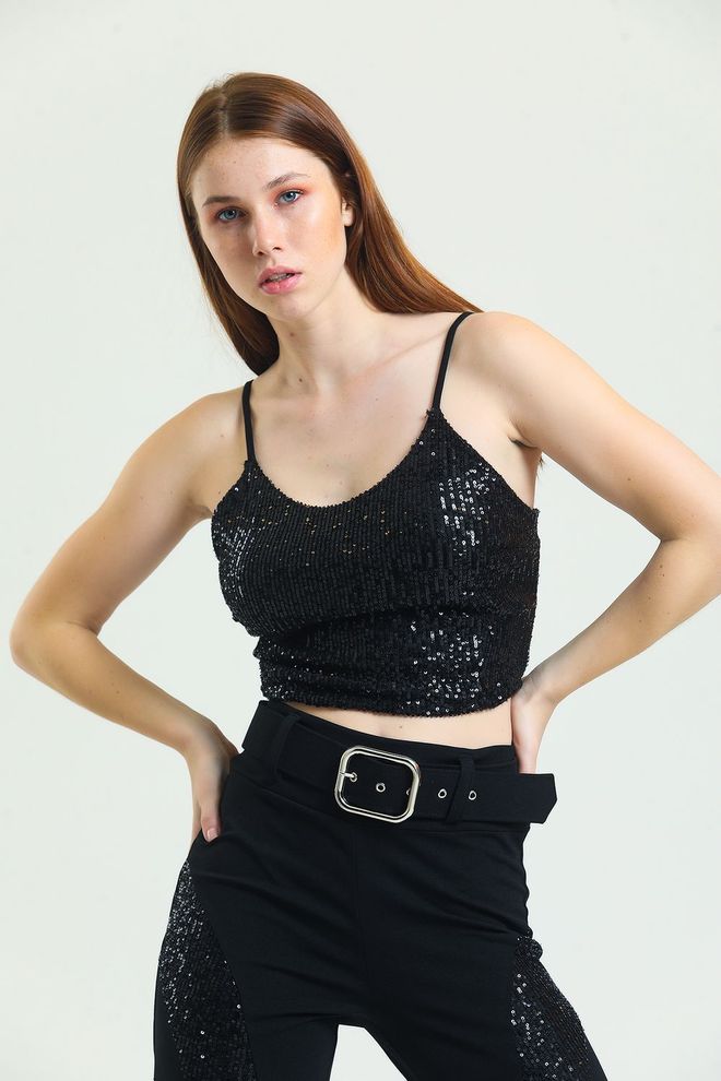 SENSE Μπουστάκι Με Παγιέτες Με Μαύρη Επένδυση Croptop Λουράκι Χονδρικό εμπόριο ενδυμάτων Σέξι