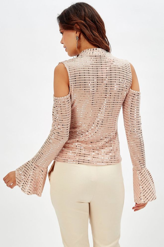 SENSE Powder V Neck Shoulders Open Sleeve Cuffs Flounce Buzi Sequin Blouse_Blz32398 Wholesale Clothing Spring