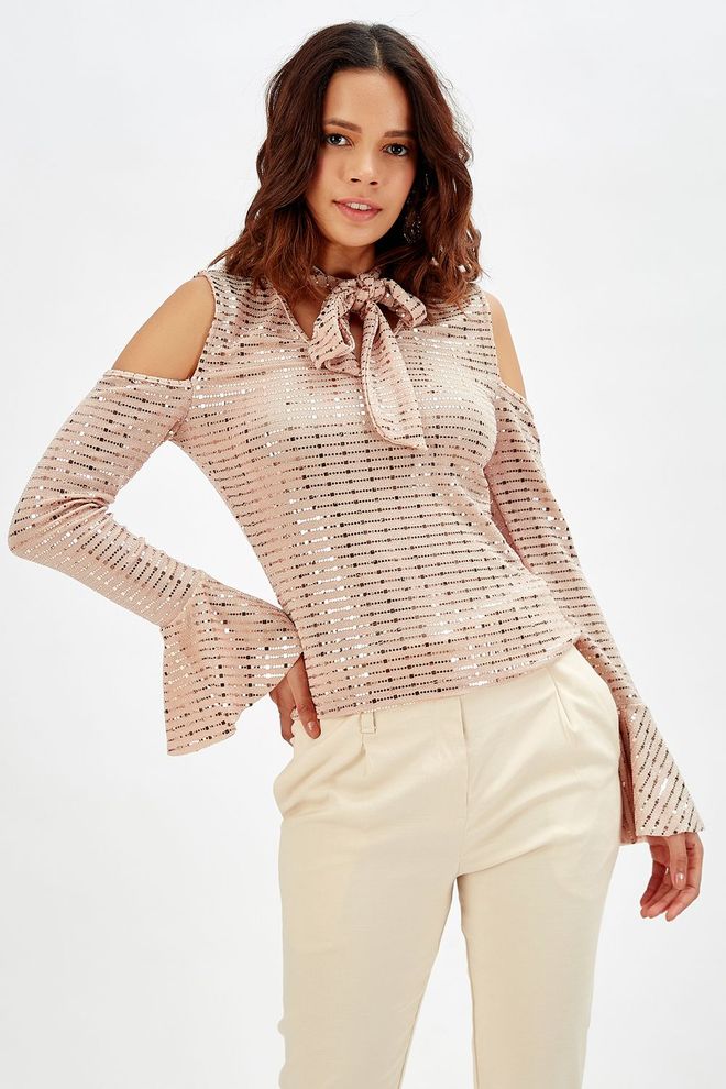 SENSE Powder V Neck Shoulders Open Sleeve Cuffs Flounce Buzi Sequin Blouse_Blz32398 Wholesale Clothing Birthday