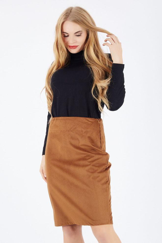 SENSE Tan Long Velvet Skirt With Hidden Zipper Wholesale Clothing Lounge
