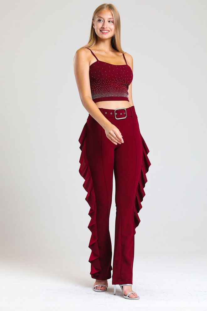 SENSE Calça de crepe de mergulho com babado lateral com cinto de fivela amarelo Borgonha_Pnt32717 Roupas por atacado Primavera