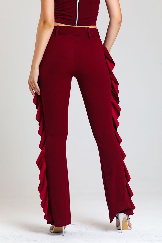 SENSE Calça de crepe de mergulho com babado lateral com cinto de fivela amarelo Borgonha_Pnt32717 Roupas por atacado Elegante