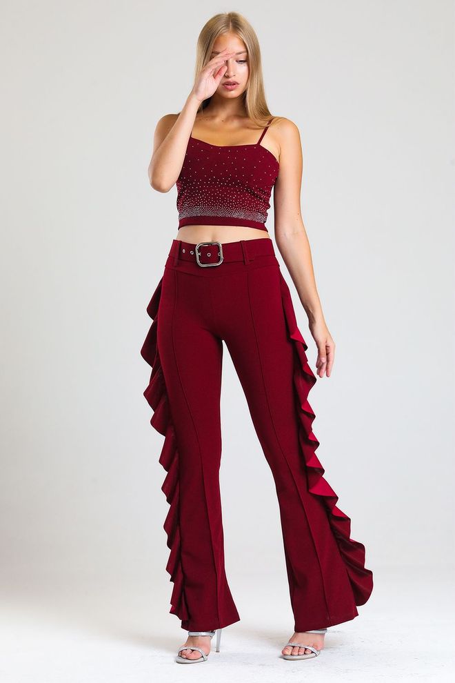SENSE Burgundy Yellow Buckle Belt Side Flounce Scuba Crepe Trousers_Pnt32717 Wholesale Clothing Formal