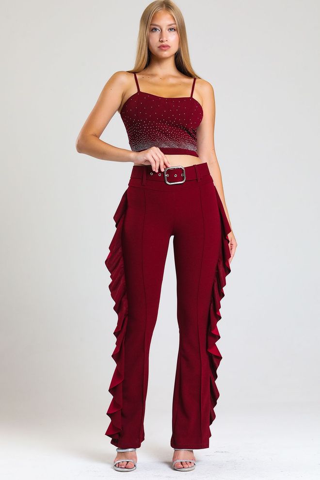 SENSE Calça de crepe de mergulho com babado lateral com cinto de fivela amarelo Borgonha_Pnt32717 Roupas por atacado Poliéster