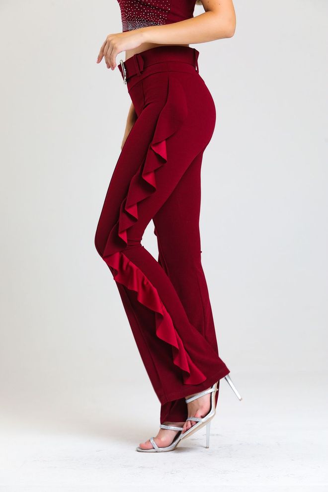 SENSE Calça de crepe de mergulho com babado lateral com cinto de fivela amarelo Borgonha_Pnt32717 Roupas por atacado Aniversário