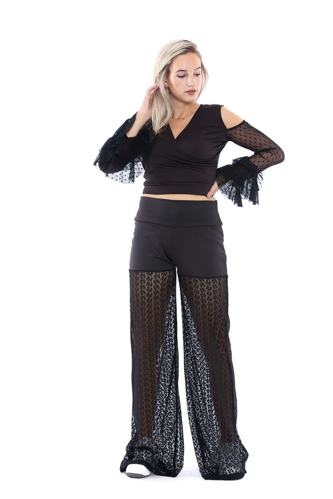 SENSE Črne hlače s čipko Legs Oblačila na debelo Eleganten