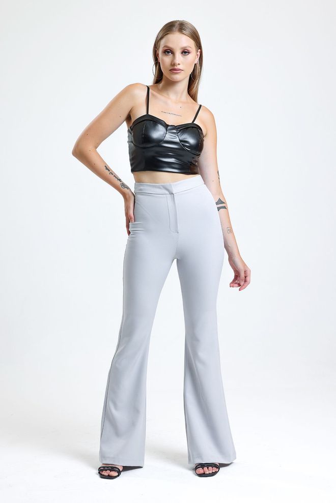 SENSE Gray Flare Leg Zippered Pocket Hürrem Trousers Wholesale Clothing Work