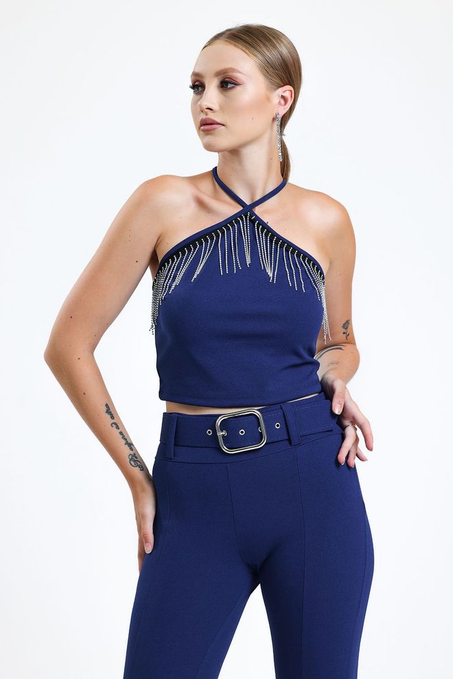 SENSE Saks Chest Stone Chain Scuba Crepe Μπλούζα Ριγέ Χονδρικό εμπόριο ενδυμάτων Επίσημο