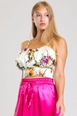 A wholesale clothing model wears sns10386-ecru-floral-gimped-printed-satin-blouse, Turkish wholesale  of 