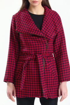 A wholesale clothing model wears sns10388-navy-red-wide-collar-front-zippered-belted-coat, Turkish wholesale Coat of SENSE