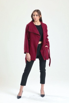 A wholesale clothing model wears sns10388-navy-red-wide-collar-front-zippered-belted-coat, Turkish wholesale Coat of SENSE
