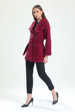 عارض ملابس بالجملة يرتدي sns10388-navy-red-wide-collar-front-zippered-belted-coat، تركي بالجملة معطف من SENSE