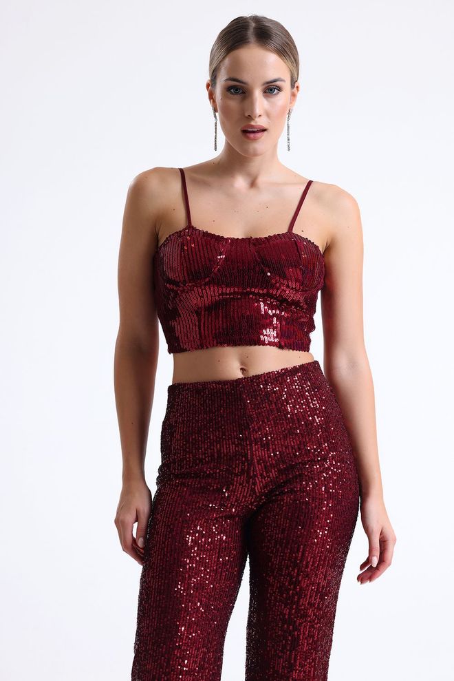 SENSE Bustier Bordeaux À Volants Et Sequins Avec Fermeture Éclair Au Dos Vêtements en gros Glamour