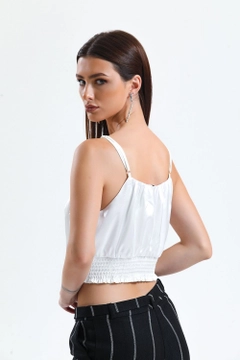 A wholesale clothing model wears sns10396-white-gimped-printed-satin-blouse, Turkish wholesale Bustier of SENSE