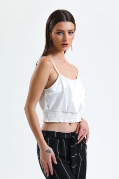 A wholesale clothing model wears sns10396-white-gimped-printed-satin-blouse, Turkish wholesale Bustier of SENSE