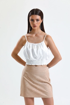 A wholesale clothing model wears sns10315-beige-jacquard-mini-skirt_etk32609, Turkish wholesale Skirt of SENSE