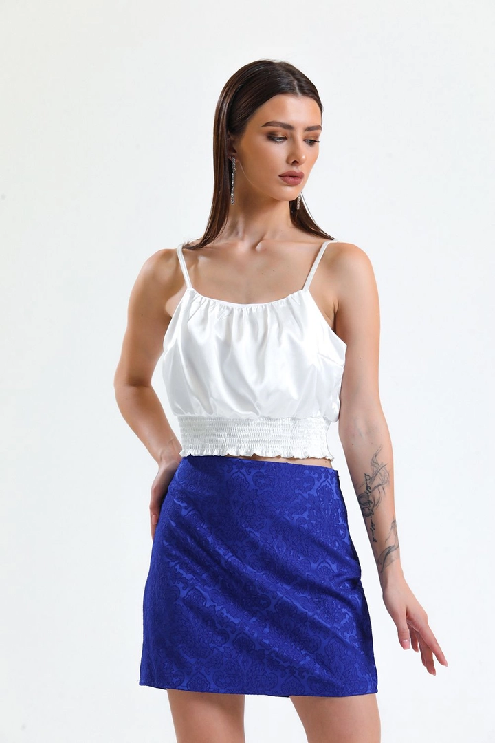 A wholesale clothing model wears sns10321-saks-jacquard-mini-skirt_etk32609, Turkish wholesale Skirt of SENSE