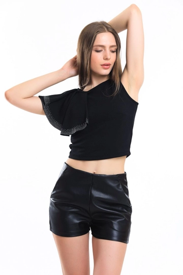 A wholesale clothing model wears  Black Flounce And Stone Detailed Scuba Crepe Blouse
, Turkish wholesale Blouse of SENSE