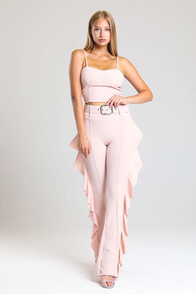 SENSE Powder Yellow Buckle Belt Side Flounce Scuba Crepe Trousers_Pnt32717 Wholesale Clothing Spring