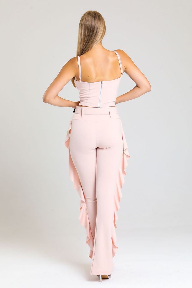 SENSE Powder Yellow Buckle Belt Side Flounce Scuba Crepe Trousers_Pnt32717 Wholesale Clothing Elegant