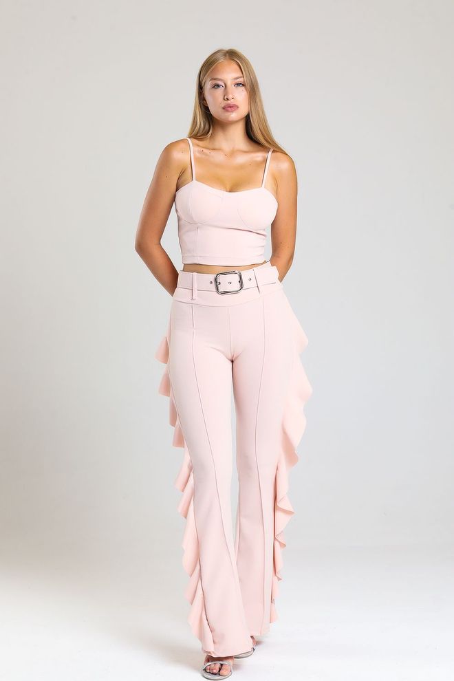 SENSE Powder Yellow Buckle Belt Side Flounce Scuba Crepe Trousers_Pnt32717 Wholesale Clothing Polyester