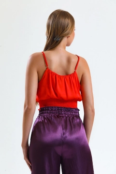 A wholesale clothing model wears sns10328-orange-gimped-printed-satin-blouse, Turkish wholesale Bustier of SENSE